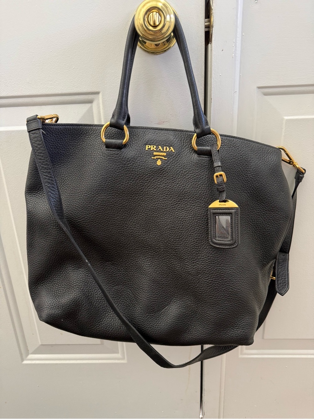 Prada Black Pebbled Leather Tote with Gold Accents